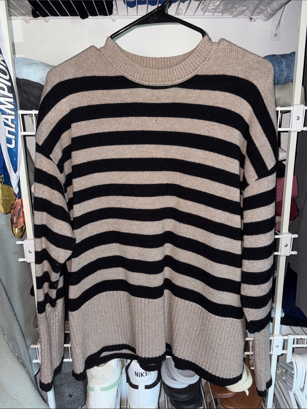 Women’s Stripe Crewneck Sweater in Black and Tan